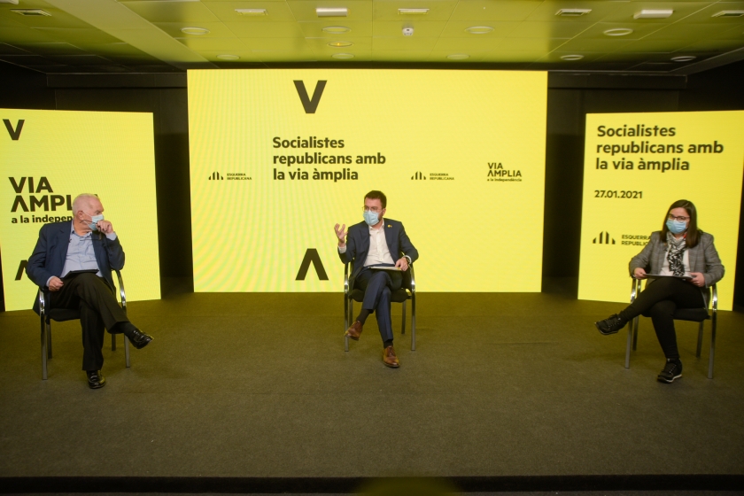  Ernest Maragall i Jordina Freixanet amb Pere Aragonès en un acte / Marc Puig 