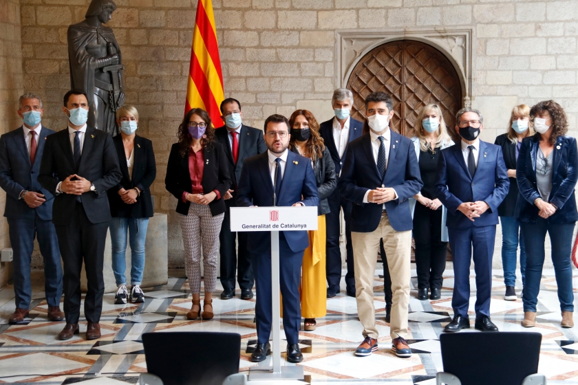  Compareixença del president Pere Aragonès, acompanyat dels consellers i conselleres del Govern, per valorar la detenció de Carles Puigdemont a Sardenya / ACN 